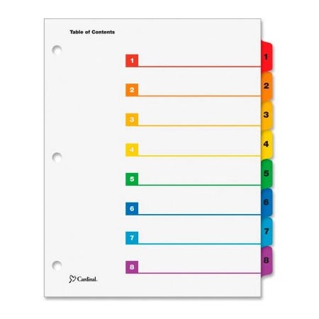 Cardinal Brands Cardinal OneStep Printable T.O.C. Divider, Printed 1, 8, 9"x11", 8 Tabs, White/Multicolor 60818